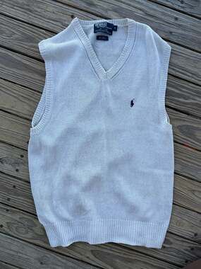 Vintage Polo Ralph Lauren V-Neck Sweater Vest Linen Cotton Blend White Cream Siz
